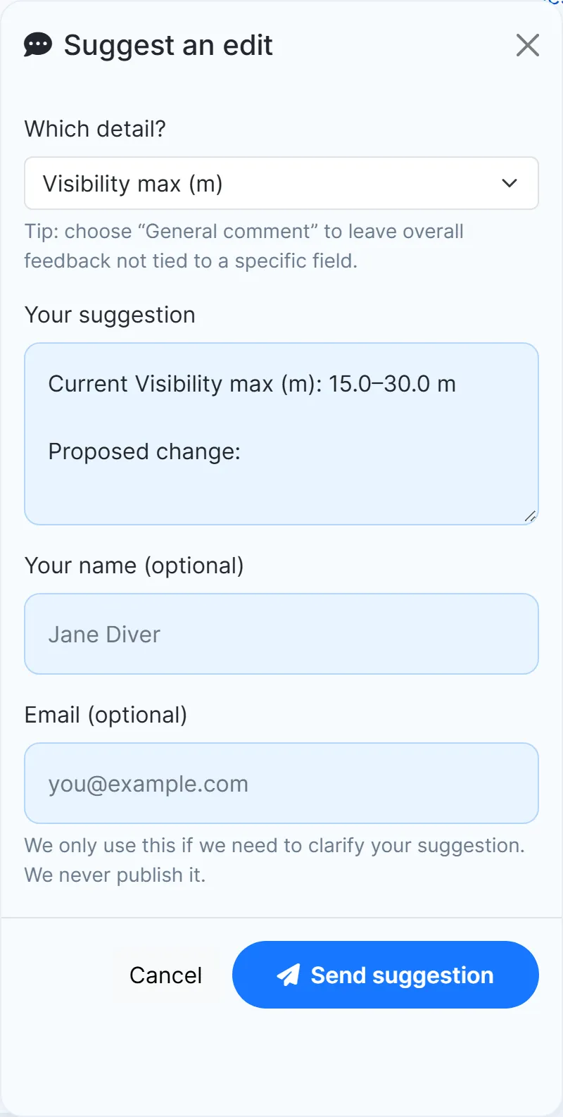 The “Suggest an edit” window of a dive-site page: which detail to change, a box for the suggestion, and an optional name and email.
